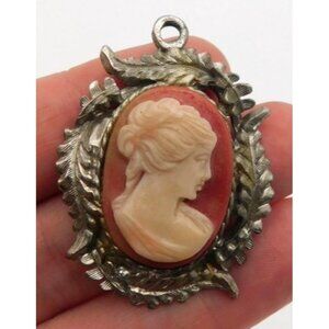 Vintage Cameo Pendant Coral Pink Silver Tone Metal Leaf Framing